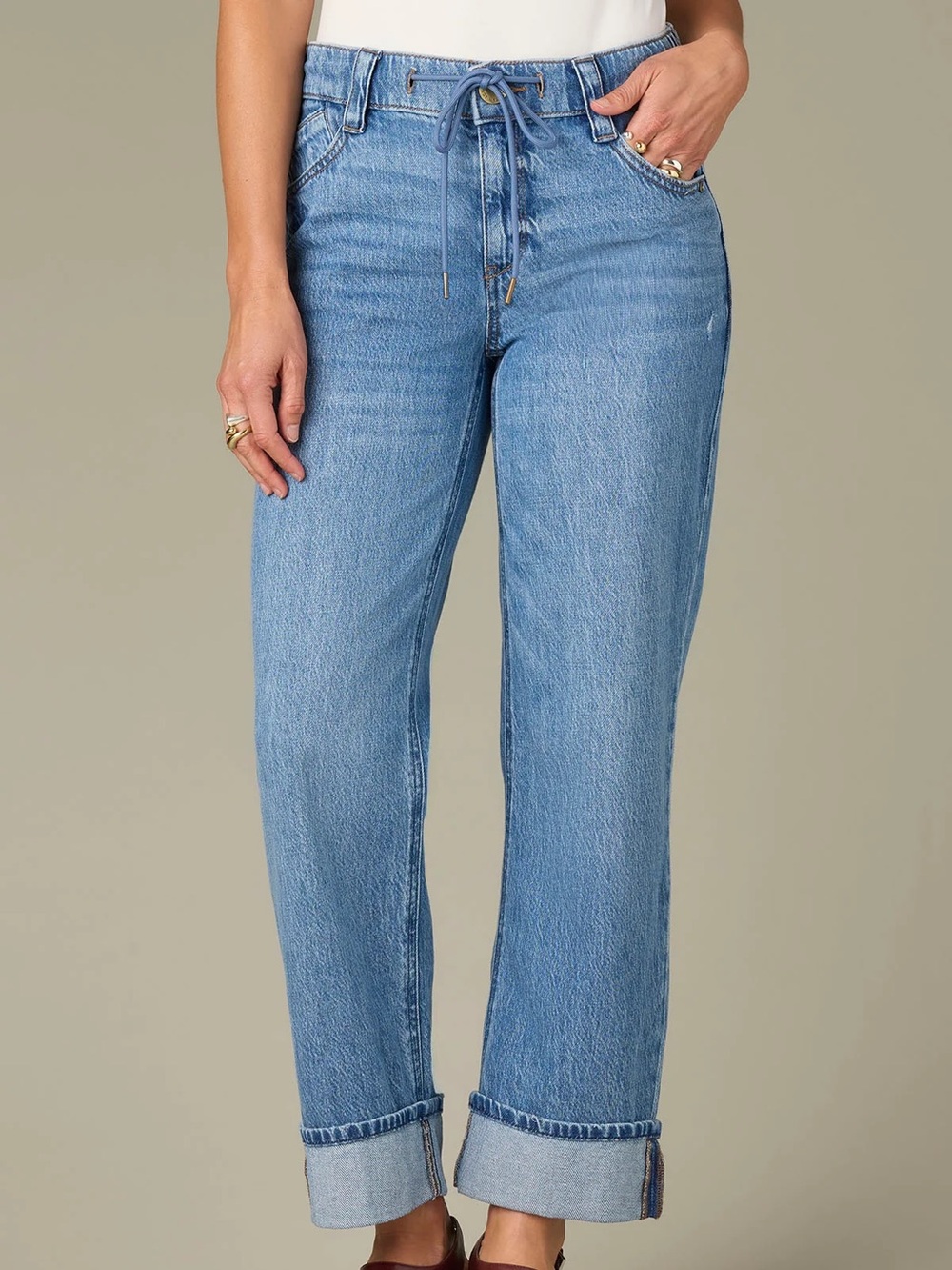 PETITE WIT & WISDOM HIGH RISE DRAWSTRING WAIST CUFFED BOYFRIEND JEANS - NEW